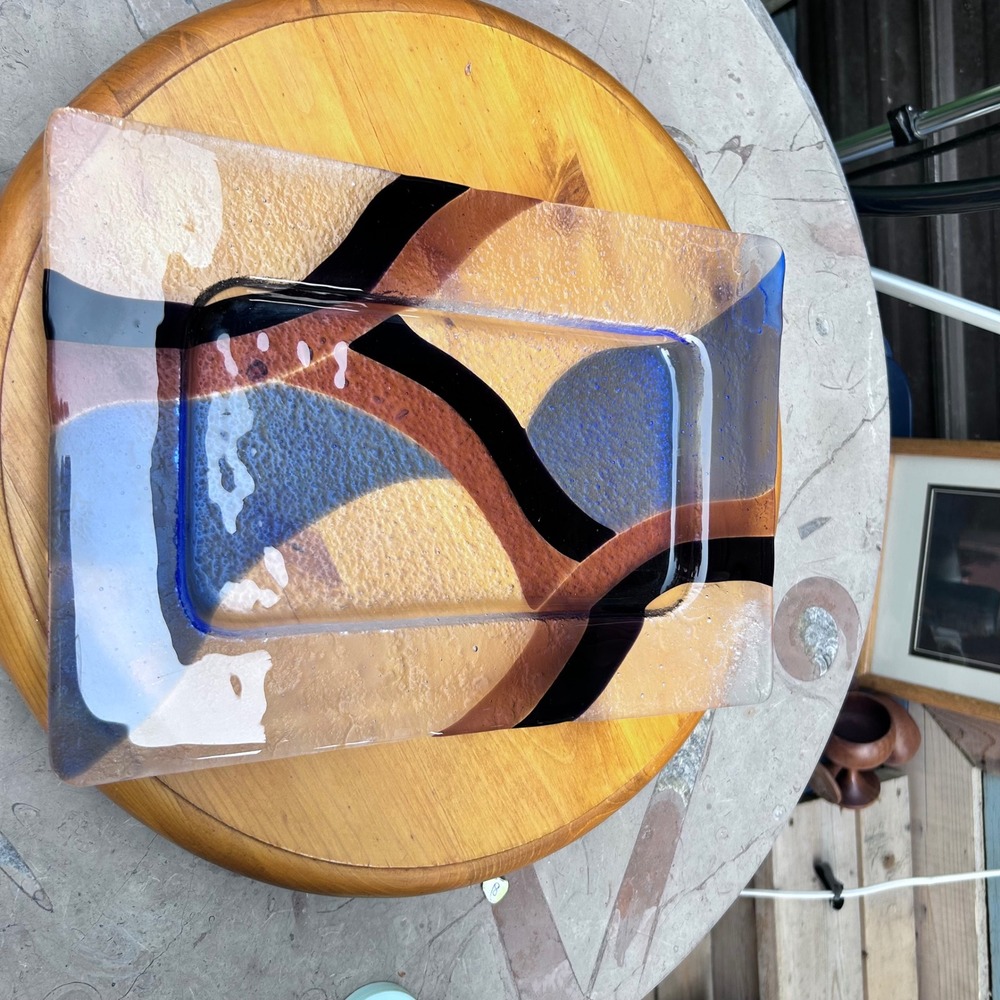 Vintage Fused Glass Platter Abstract Geometric Slump Glass Tray Blue Brown 13"